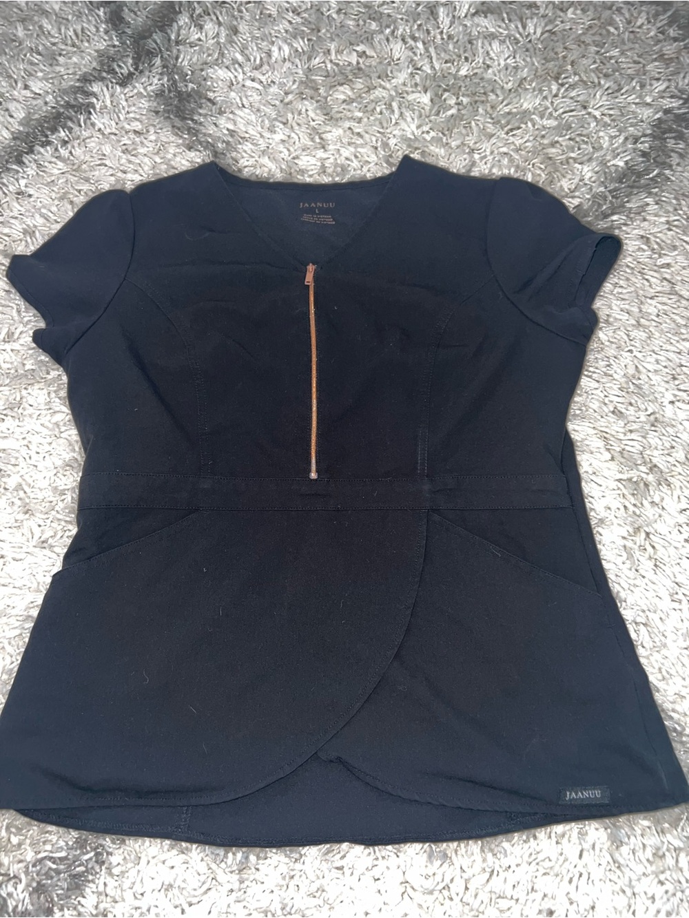 Jaanuu Black Short-Sleeve Zip-Front Scrub Top